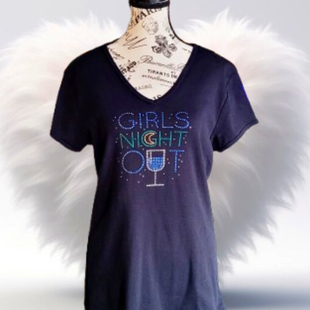 Ladies Black Short Sleeve Girls Night Out Rhinestone T-Shirt